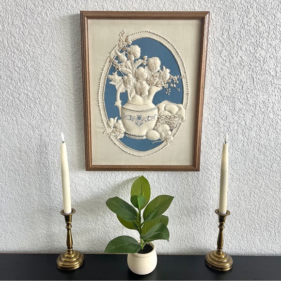 Vintage Handmade Framed Embroidery Art 18x14 Trapunto Crewel Candlewicking 1980s - Picture 8 of 11